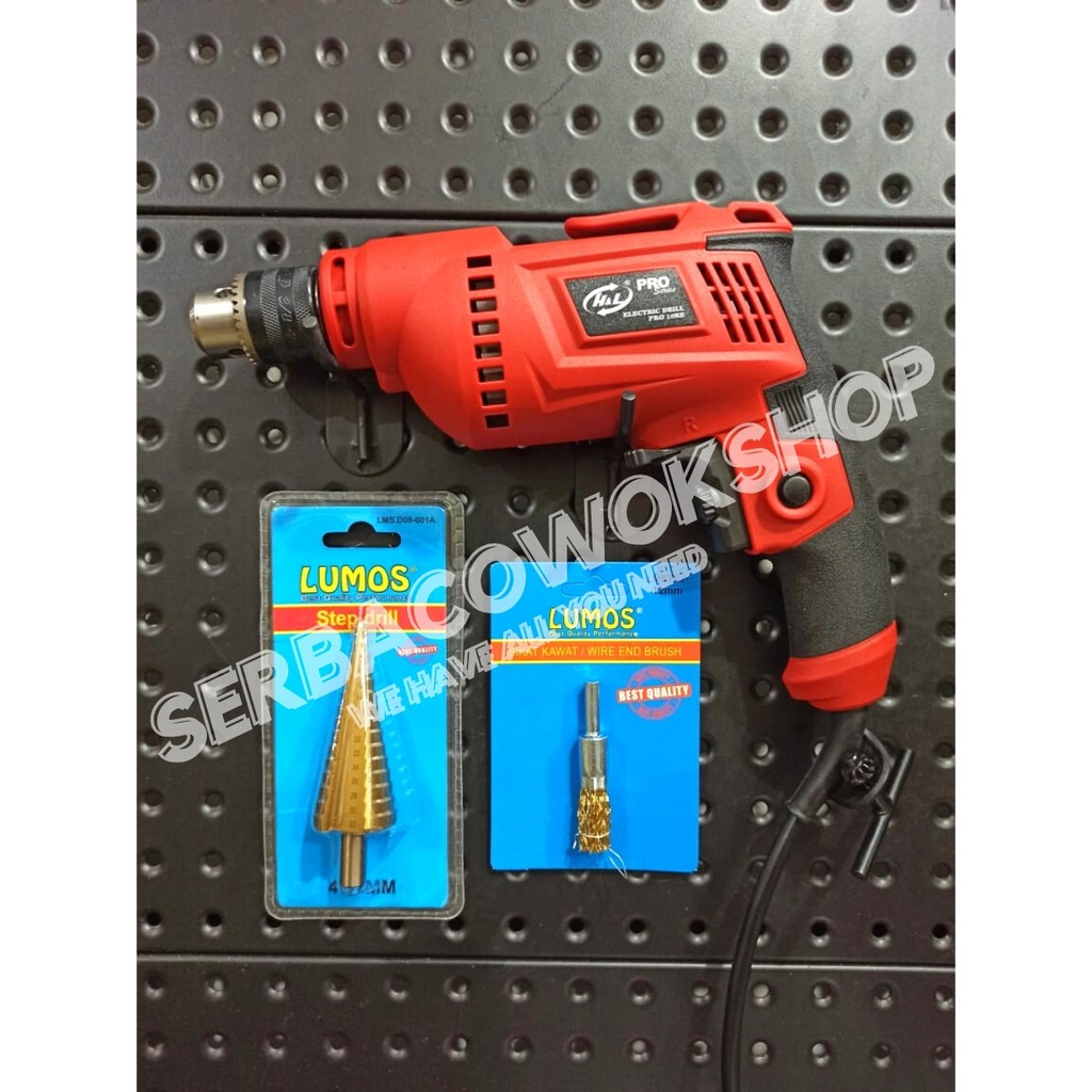 Promo Paket Mesin Bor Variabel Speed 10mm 2 Arah + Titanium Coated Step Drill 4-32mm + End Brush