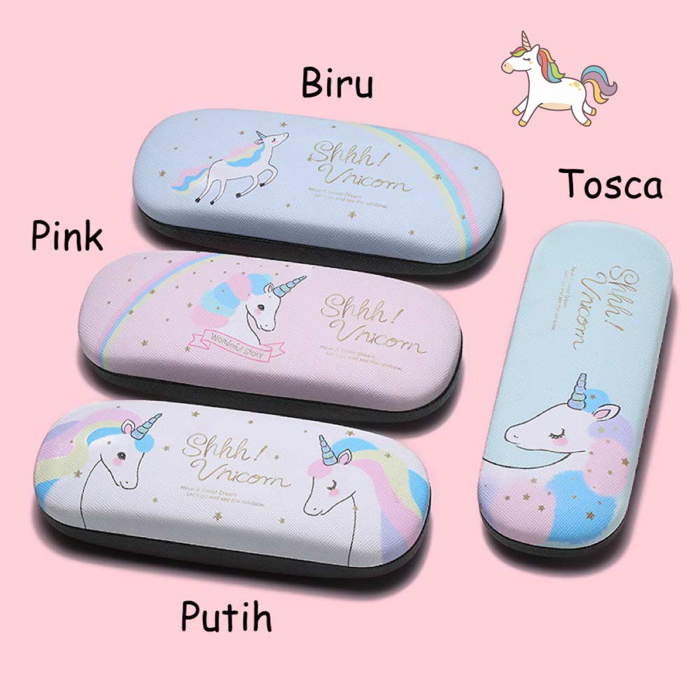 Kotak Kacamata Unicorn [ Biru ] GRATIS Sarung &amp; Lap Kacamata - Hardcase - Fashion Wanita