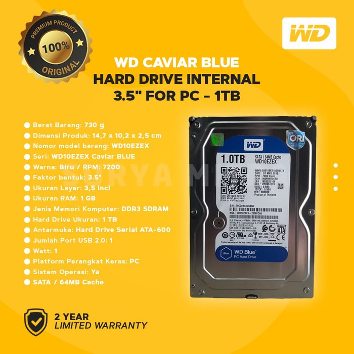 Hardisk 1TB WD Caviar Blue SATA III 3.5 HDD PC Original &amp; Resmi