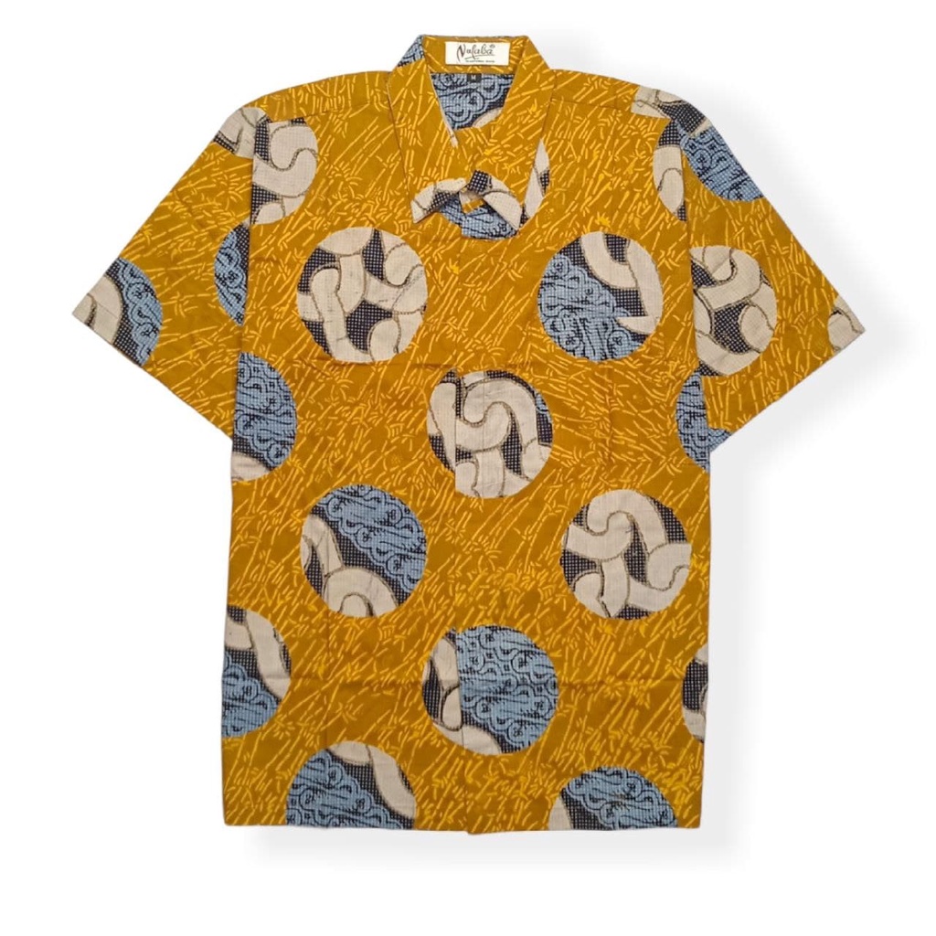 Kemeja Batik Pria Lengan Pendek Cap Kuning Biru Putih