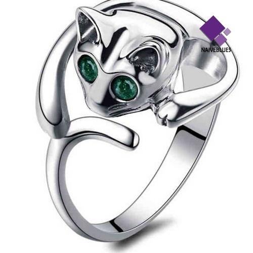 Cincin Model Terbuka Adjustable Desain Hewan Kucing Aksen Berlian Imitasi Untuk Wanita