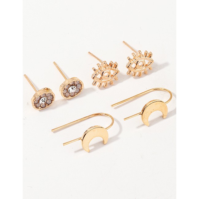 LRC Anting Tusuk Fashion Golden Diamond Flower Ear Moon Stud Set D81668