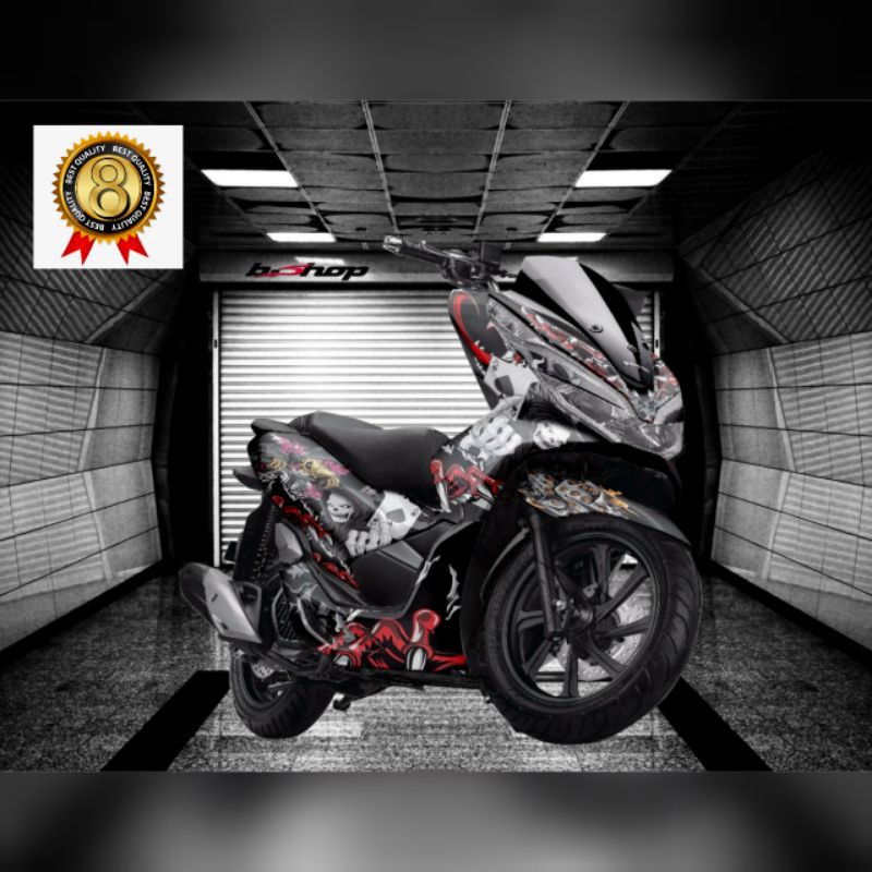 Decal Honda PCX full body tengkorak hitam merah variasi