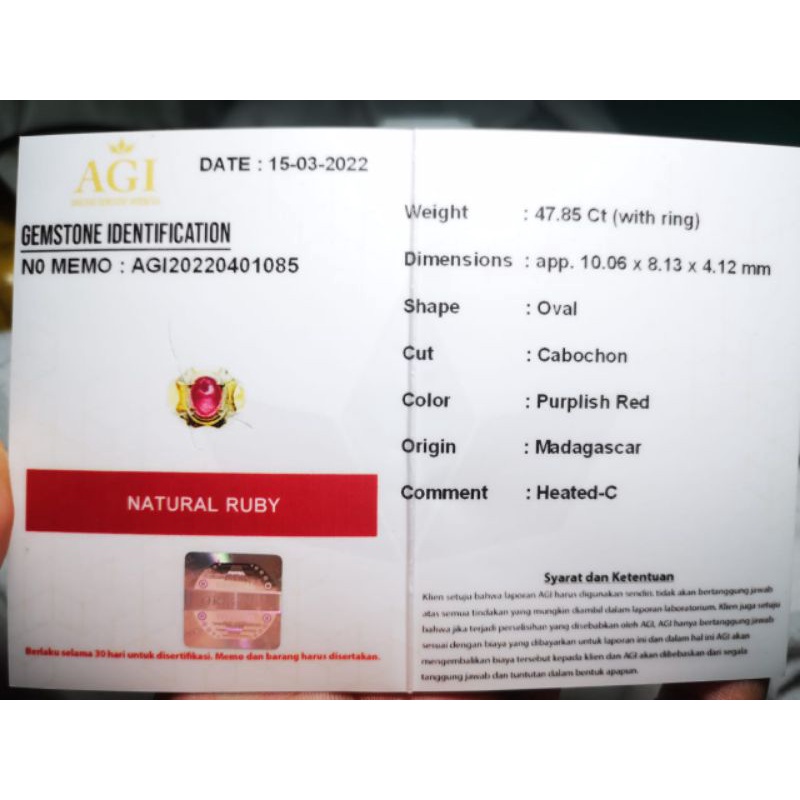 NATURAL RUBY CORUNDUM PIGEON BLOOD MEMO AGI GEMS LAB