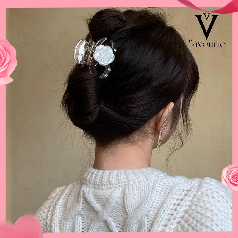 [COD]Klip Camellia Elegan Temperamen Transparan Rose Rambut Klip Manis Hiu Klip-FA
