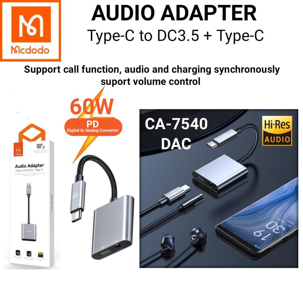 Mcdodo Splitter Type C to DC 3.5mm Audio Jack Splitter Audio Open Mic