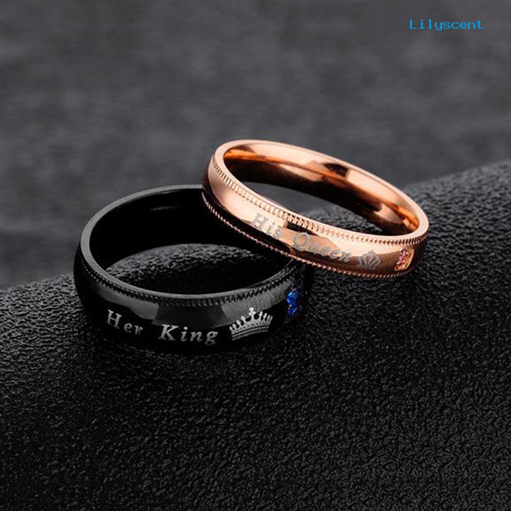 Ls Cincin Titanium Steel Motif Tulisan Her King His Queen Hias Berlian Imitasi Untuk Pasangan