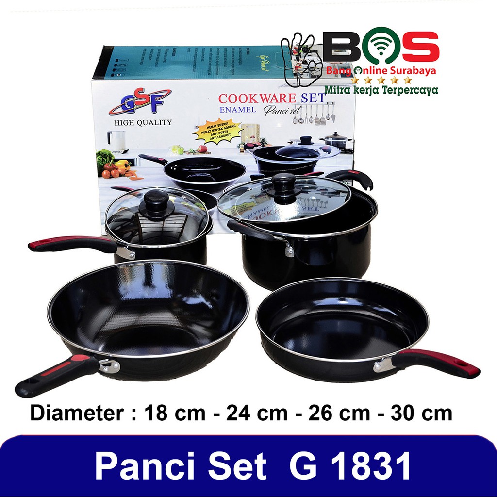 Panci Set Enamel GSF 1831 GSF-1831 GSF1831 Cookware Set Tutup Kaca