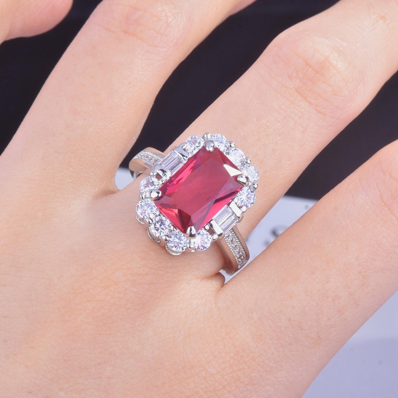 Fancyqube Cincin Silver Hias Batu Zircon Merah Bentuk Kotak Dapat Disesuaikan Gaya Vintage Untuk Wanita