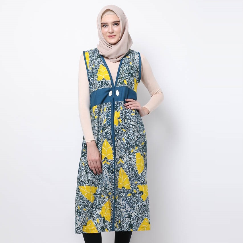 Kardigan Vest panjang Rompi Wanita Batik Tulis  ZARMING Katun Daun Kuning Toska Muslim - L