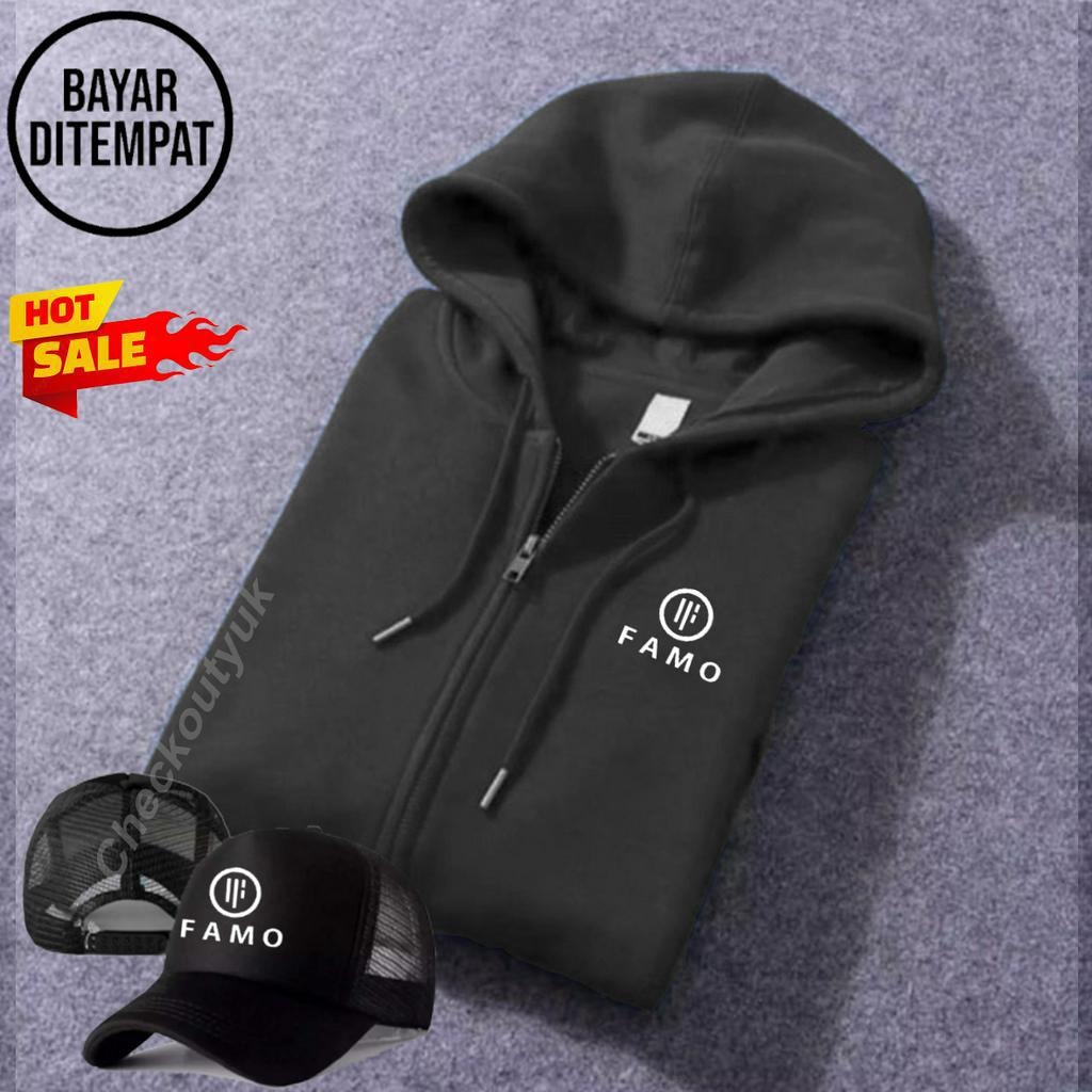 BELI JAKET GRATIS TOPI... Jaket Resleting Famo Logo White Premium Jaket Sweater Hoodie Pria Dan Wani