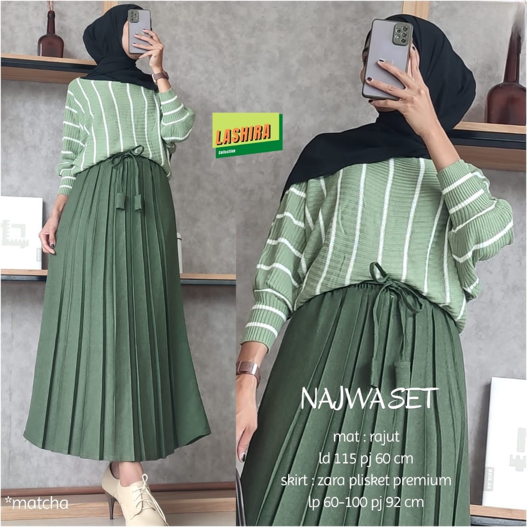 najwa stelan set setelan 1set oneset baju pakaian blouse bluse rok knit rajut kaos adem melar panjan