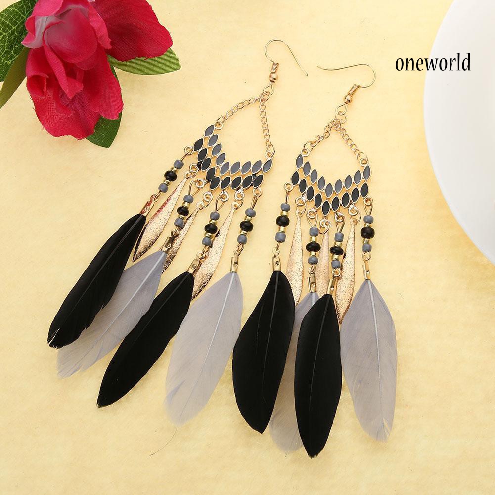 OW@ Vintage Long Dangle Feather Boho Hook Earrings Women Charming Jewelry Gift