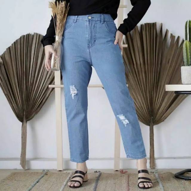 SOBEK RIPPED JEANS CELANA JEAN PLAIN BOYFRIEND MURAH WANITA MUSLIMAH IMPORT MURAH