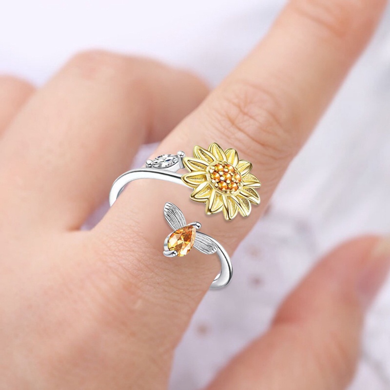 Fancyqube Cincin Jari Anti Stress Bentuk Bunga Matahari Hati Pita Hias Berlian Imitasi Untuk Wanita