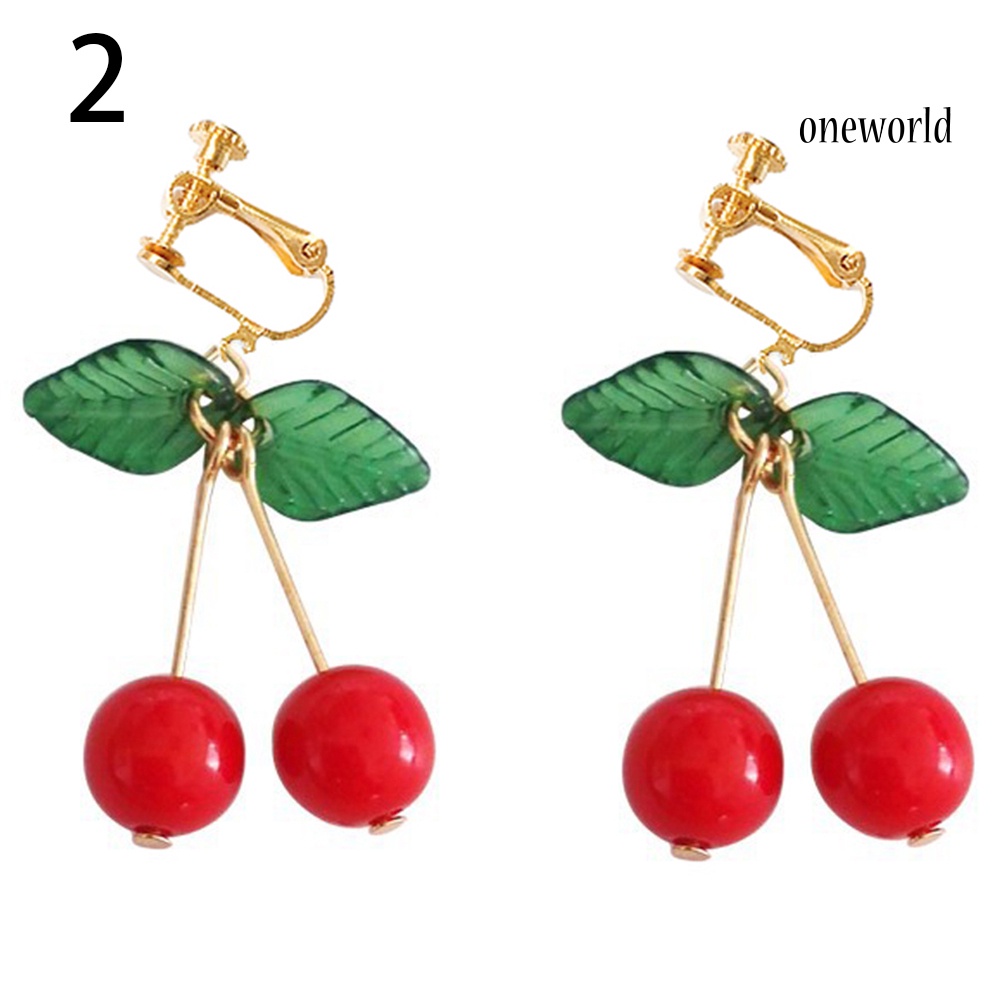 OW@ Sweet Fruit Green Leaf Red Cherry Dangle Women Ear Hook Clip Earrings Jewelry