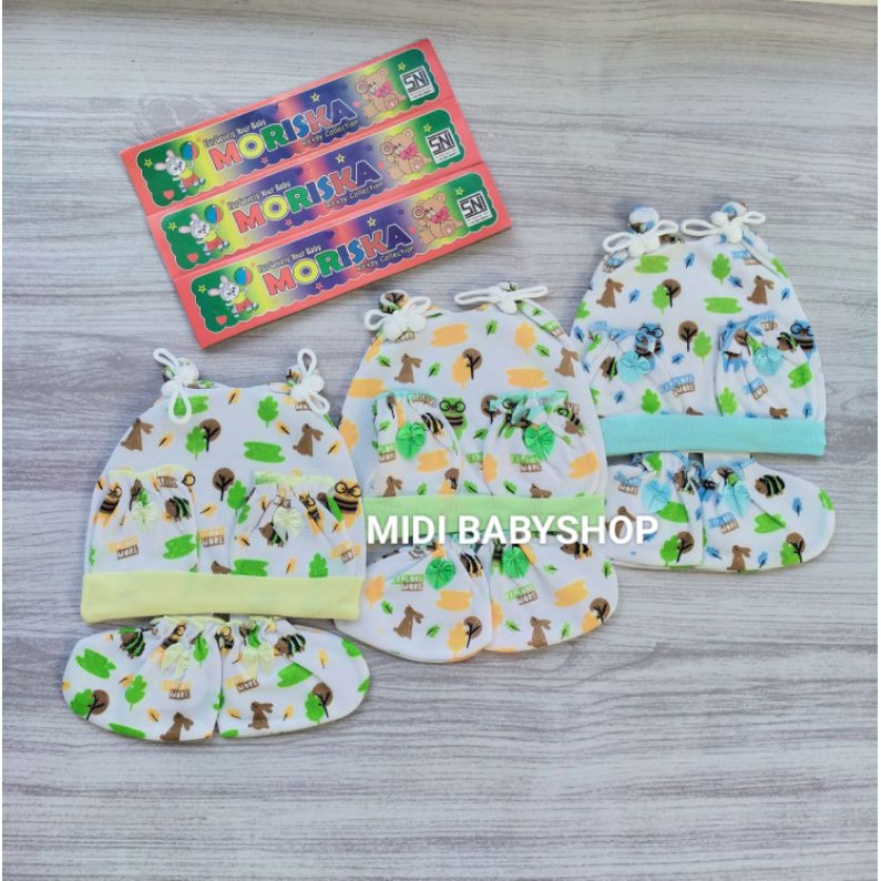 1 Set Topi dan Sarung Tangan Kaki Bayi Motif Lucu Moriska Baby SNI