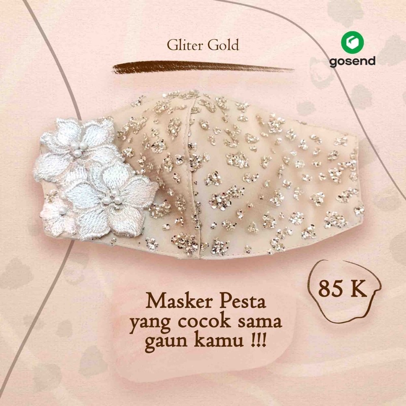 Masker Kain Brokat Premium Pesta 3ply | Glitter Gold Bunga 3D