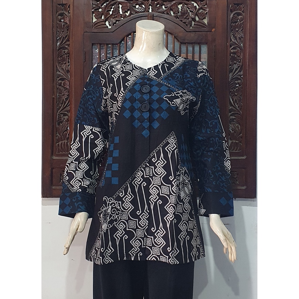 NEW Blouse ENAMOSA Atasan Kemeja Batik Wanita Blus Lengan Panjang Kancing Depan Motif Pekalongan -04-CP2 Biru