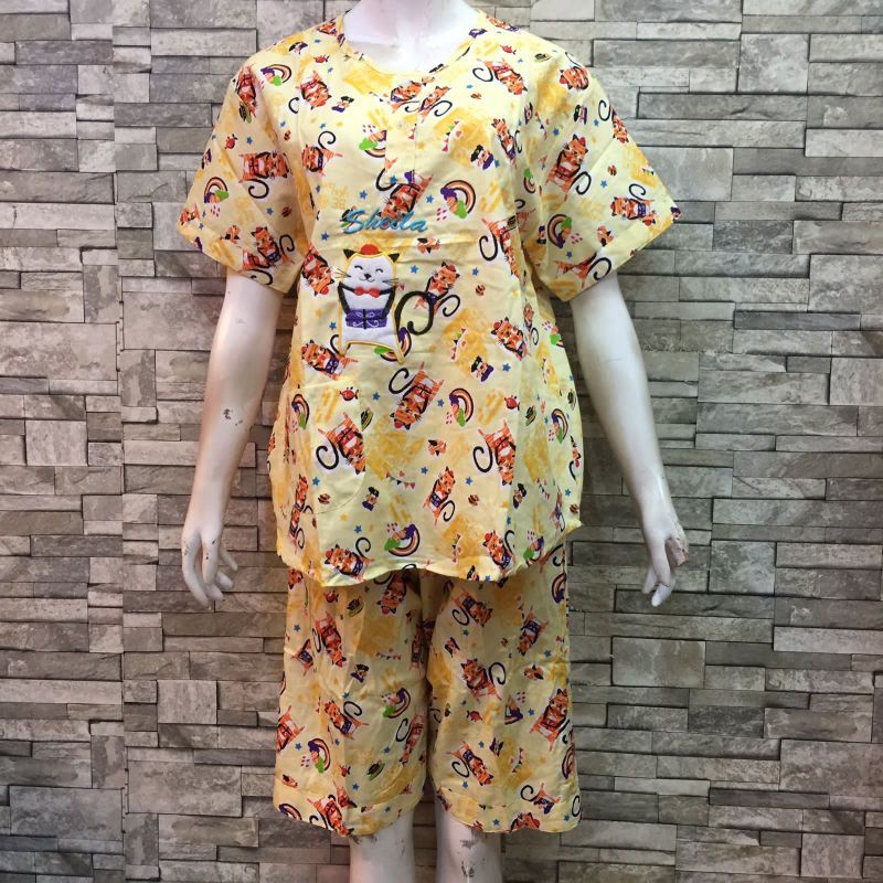 Baju Tidur HOKI &amp; SHEILA Katun wanita Celana 3/4 (Top cat)