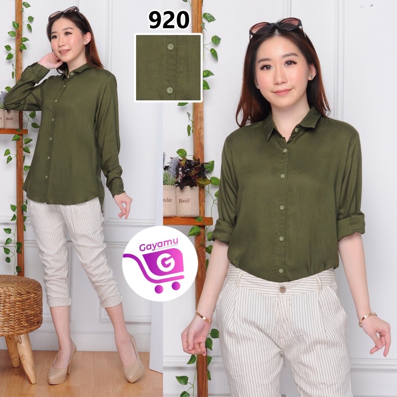 KEMEJA WANITA CASUAL LENGAN PANJANG LD 104CM-Army Pekat