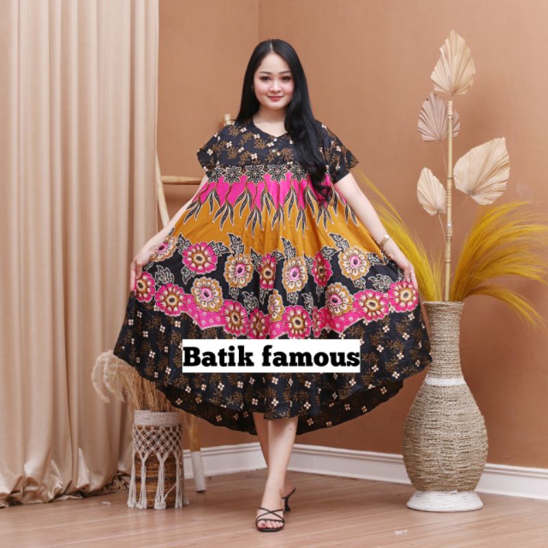 DASTER PAYUNG JUMBO COKLAT KANCING DEPAN BUSUI BUMIL-Motif bunga pink