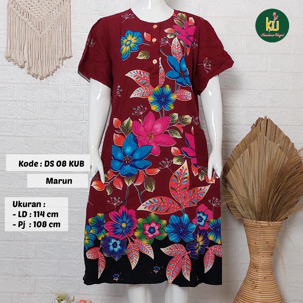 Bisa COD DS08 KUB | Daster Batik Kencana Ungu Asli Label Biru | Baju Santai Tidur Wanita Dewasa Kancing Depan Busui Friendly Motif Terbaru-Marun D