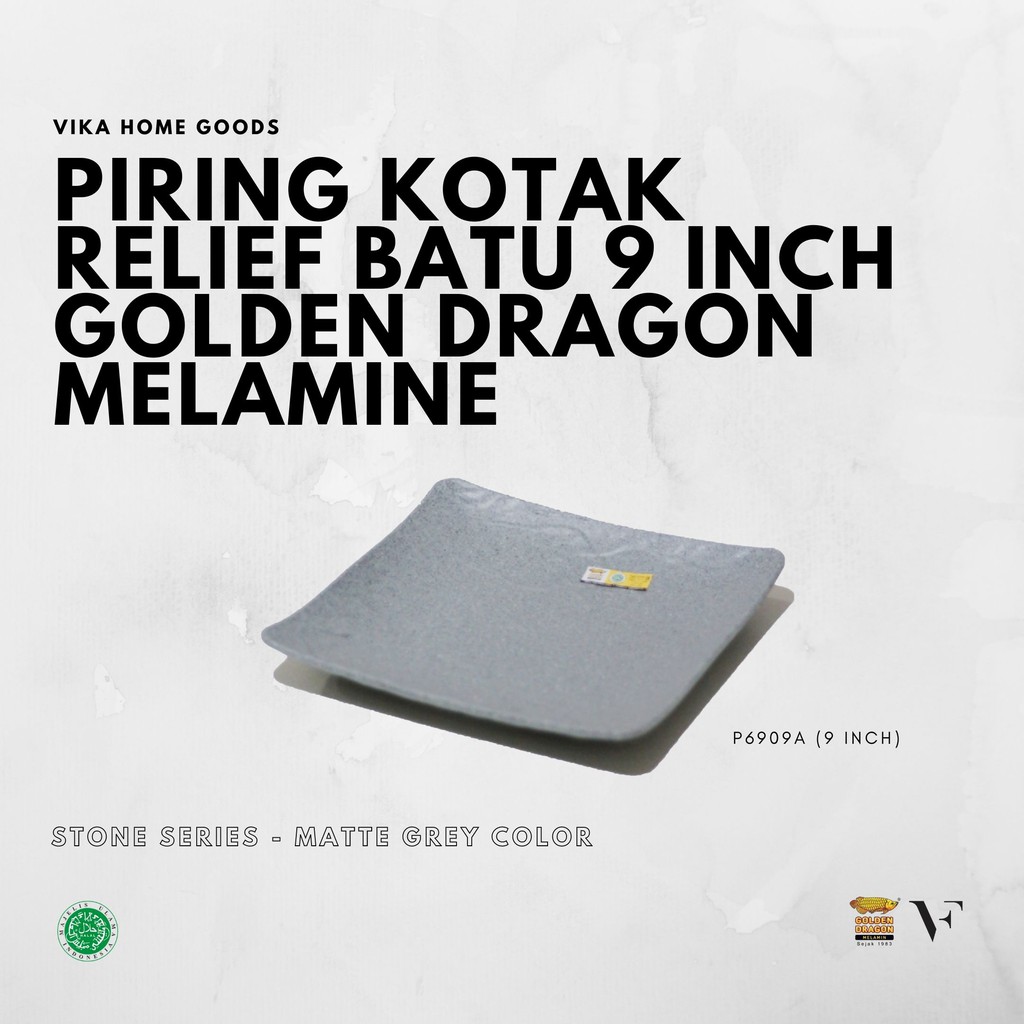 Piring Kotak Relief Batu 9 Inch Golden Dragon Melamine (P6909A)