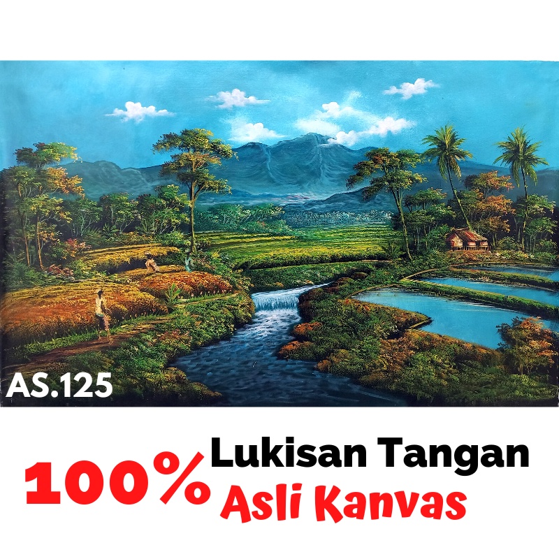 Lukisan Pemandangan Alam dan bunga sawah Ukuran Besar Hiasan Dinding Kanvas Asli Dekorasi Ruangan