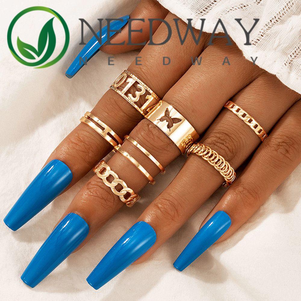 Needway  Geometric Butterfly Rings Set Personality Finger Ring Women Jewelry New Love Heart Punk Star Hollow Out Tail Ring Cross