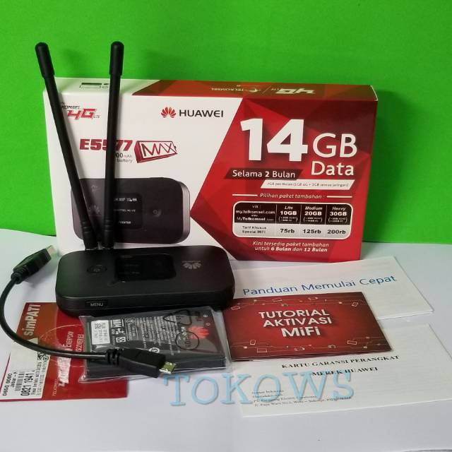 MODEM HUAWEI E5577 MAX UNLOCK  + ANTENA + TSEL 14GB MIFI PAKET WIFI BATERAI DOUBLE 3000MAH
