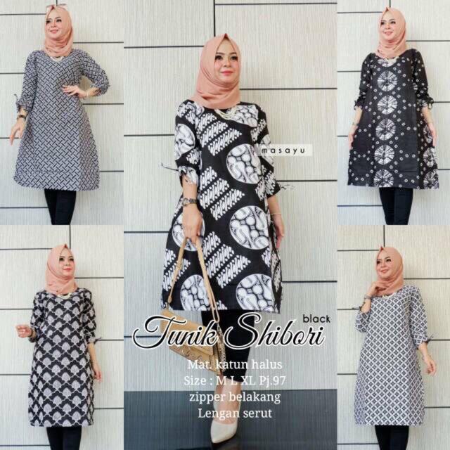 Tunik Shibori Black Tunik Batik Tunik Sibori Modern Monocrome Kerja Kantor Seragam Tunic Monokrom