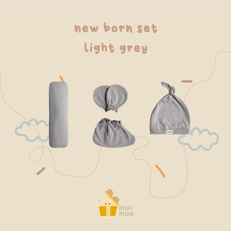 Minimine - New Born Set New Color ( Swaddle + Knot Hat + Mitten and Botties ) berisi bedong, topi, dan sarung tangan dan kaki bayi baru lahir-LIGHT GREY