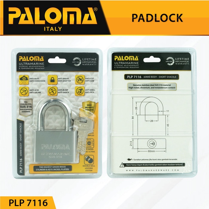 Paloma Gembok Kunci PadLock PLP 7116 Ultramarine 60MM SHORT SSS