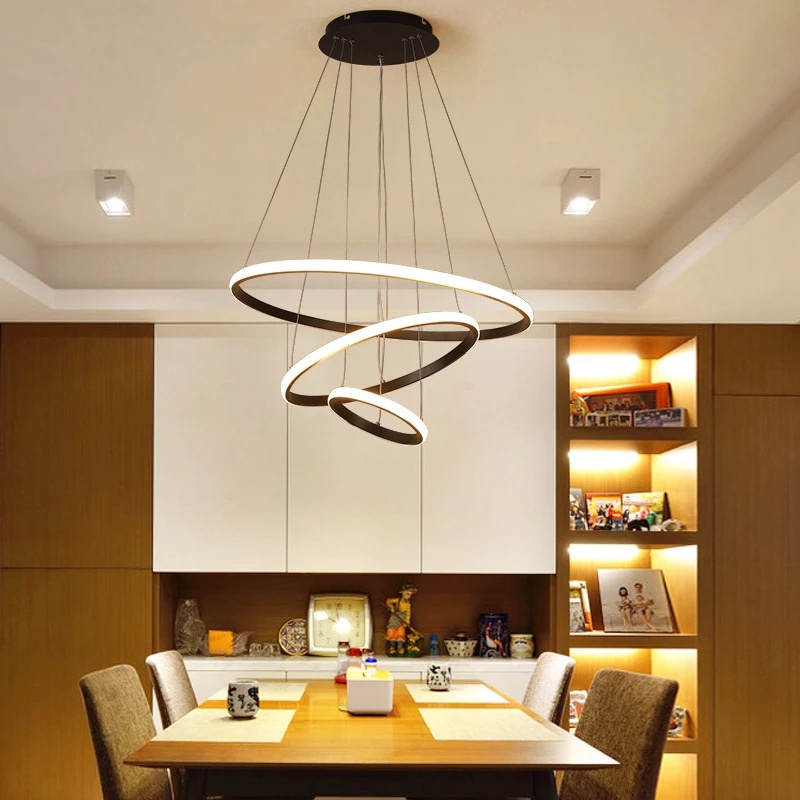 Lampu Gantung Hias Mewah Luxury Premium Minimalis Modern Aesthetic Estetik 3 Ring Pendant LED - Hitam