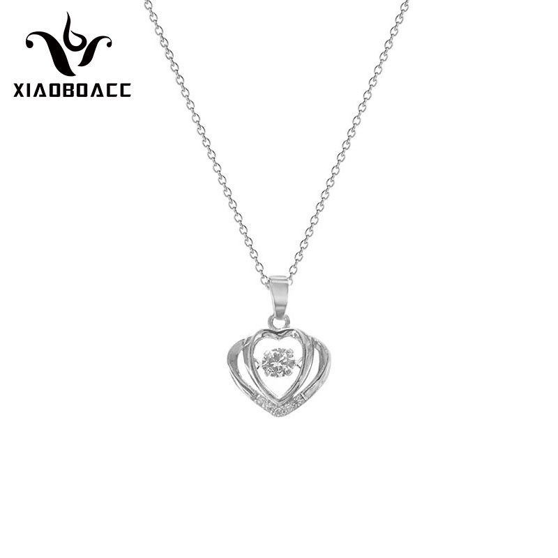 XiaoboACC Kalung Rantai Titanium Steel Liontin Hati Hias Zircon Ukuran Untuk Wanita - 38CM + 6CM