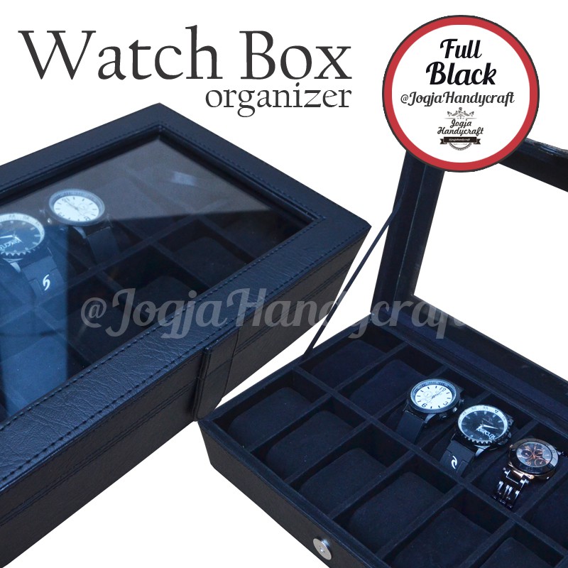 FULL BLACK WATCH BOX ORGANIZER FOR 12 WATCHES (box jam tangan isi 12)