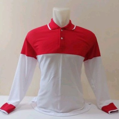 kaos kerah merah putih lengan panjang