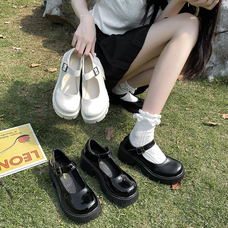 Sepatu Mary Jane Hak Tahu Wanita Import Kulit Murah Putih Hitam Big Size 5cm Chunky Block Heels Black White Beige Platform Shoes - Ukuran 34 35 36 37 38 39 40 41 42 43