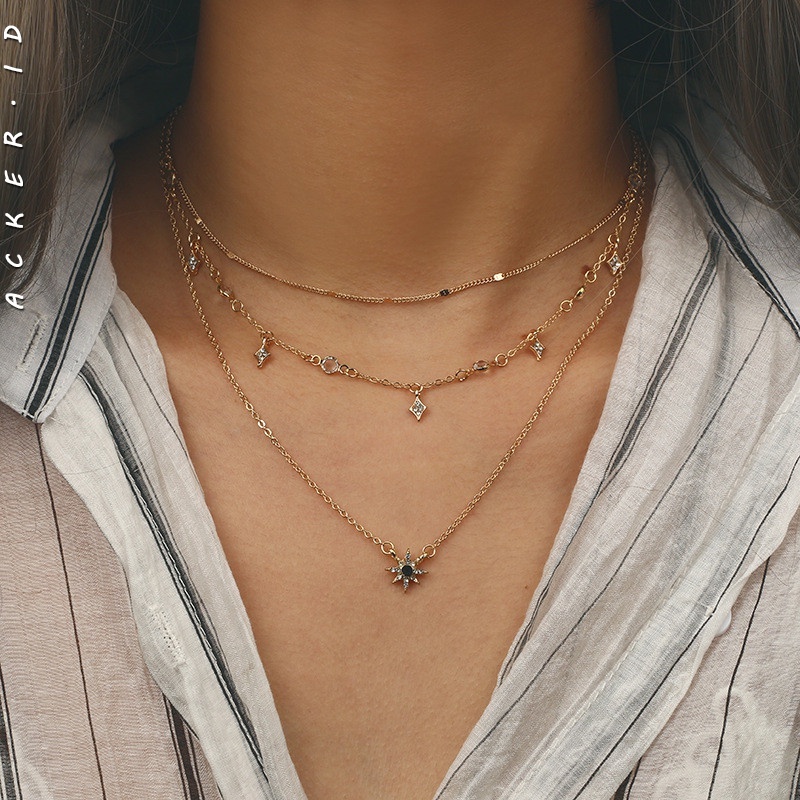 Set Kalung Multilayer Bentuk Bintang Aksen Berlian Untuk Wanita