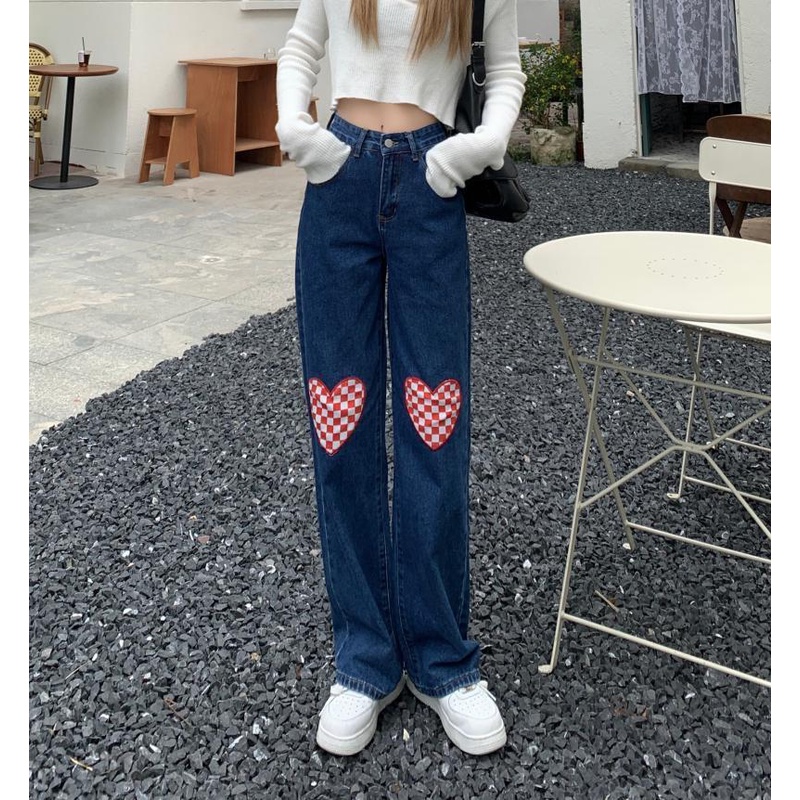 New high waist biru love korean style kulot celana jeans panjang wanita