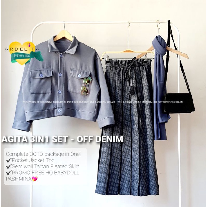 PROMO FREE JILBAB ORI 100% REAL PICT AGITA 3IN1 SET BAJU SETELAN WANITA HIJAB LEBARAN 2022 OOTD SELEGRAM BAJU VIRAL KEKINIAN MODEL TERBARU SETELAN UNTUK WANITA REMAJA-DENIM+FREE PASHMINA