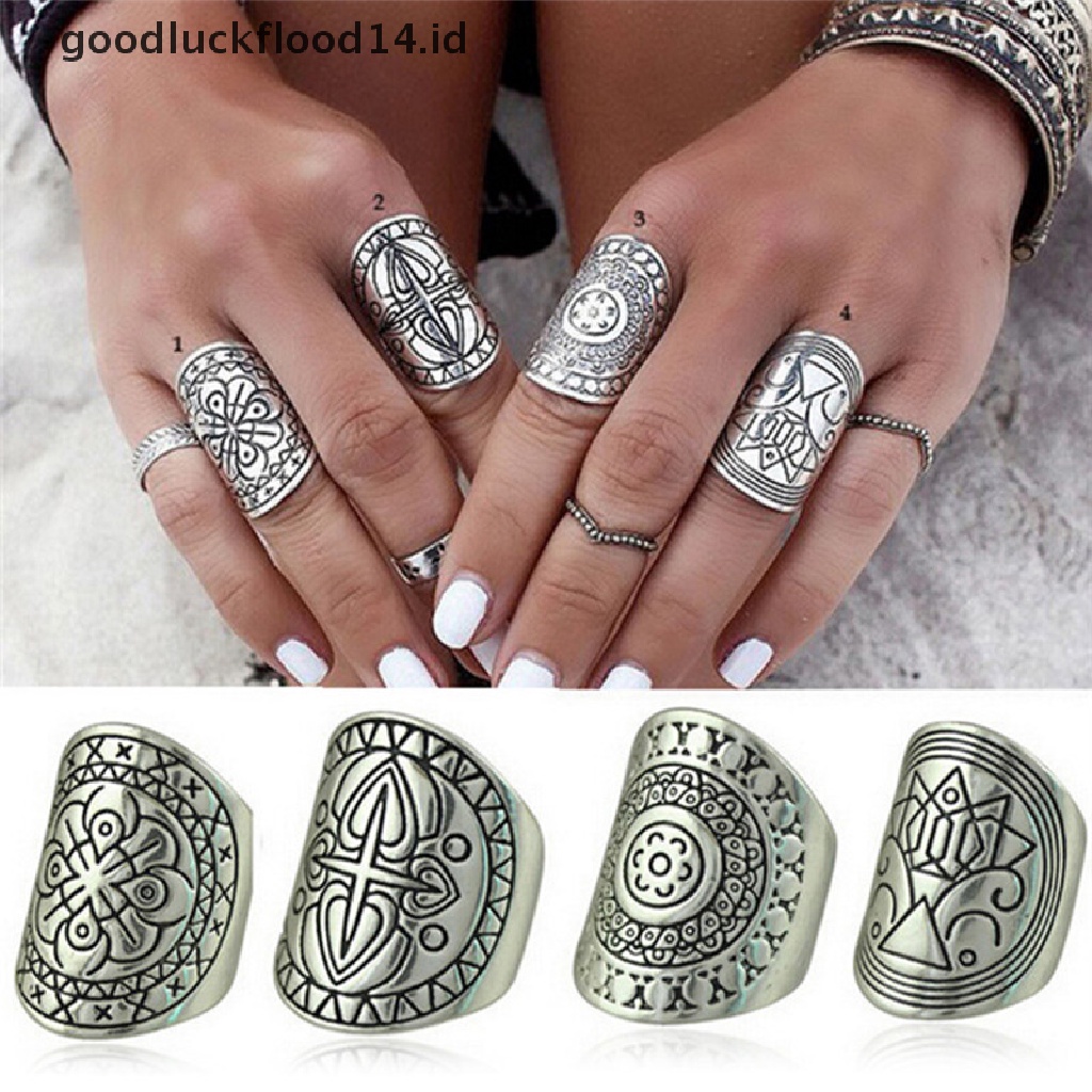 4pcs / Set Cincin Jari Knuckle Desain Ukiran Tibet Warna Silver Gaya Boho Vintage