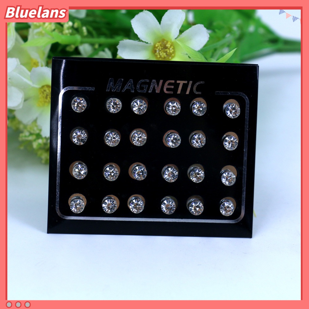 12 Pasang / Set Anting Stud Magnetik Berlian Imitasi Untuk Unisex