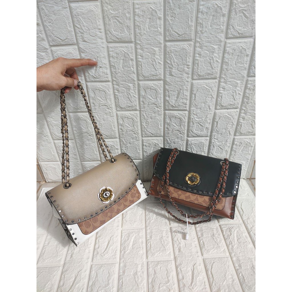 Tas Shoulder Import Coach Parker Colorblock Signature Canvas