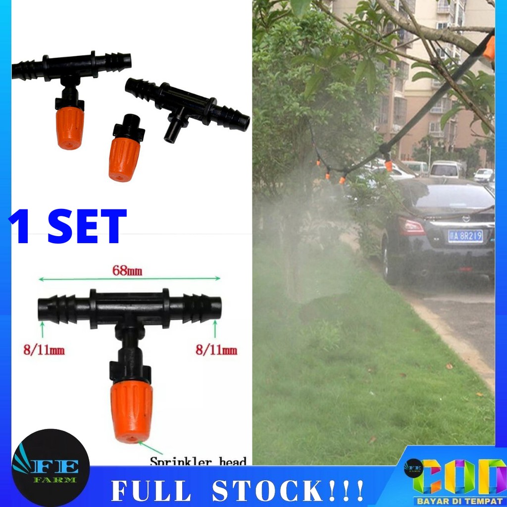 SET SPRAYER KABUT EMBUN TAMAN MIST NOZZLE + KONEKTOR TEE UNTUK SELANG PE 11MM FEFARM