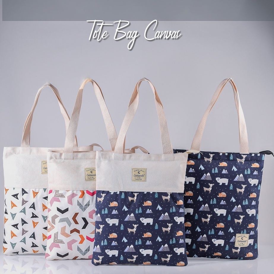 Tas Cewek model tote bag resleting kuliah wanita bahan kanvas polos dan motif bisa custom sablon