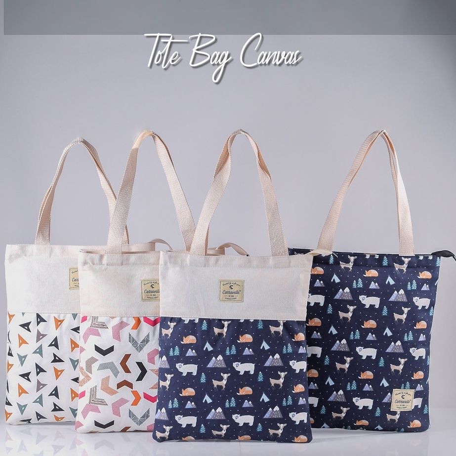 Tas Cewek model tote bag resleting kuliah wanita kekininan bahan kanvas polos dan canvas motif bisa custom sablon untuk seminar gift dan souvenir perempuan