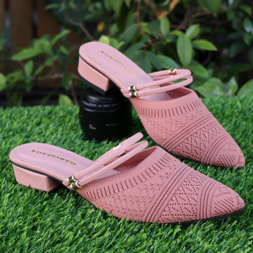 KAYZINEVA Sepatu Slip-On Mules &amp; Mary James Wanita Rajut Import Hak Tahu 3cm