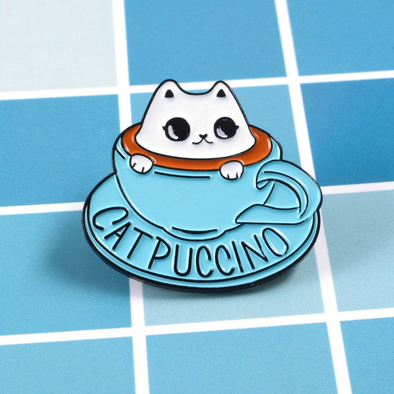 Bros Pin Enamel Desain Kartun Kucing Cangkir Kopi Untuk Kerah